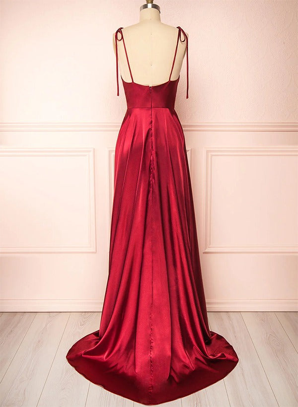 Satin Bridesmaid Dresses With High Split A-Line Cowl Neck Sexy Spaghetti Straps