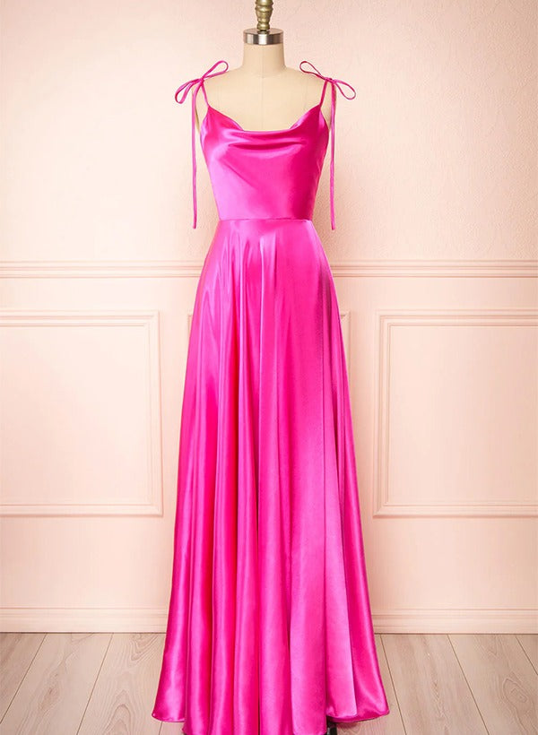 Satin Bridesmaid Dresses With High Split A-Line Cowl Neck Sexy Spaghetti Straps