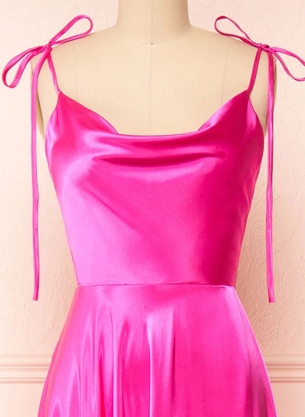 Satin Bridesmaid Dresses With High Split A-Line Cowl Neck Sexy Spaghetti Straps