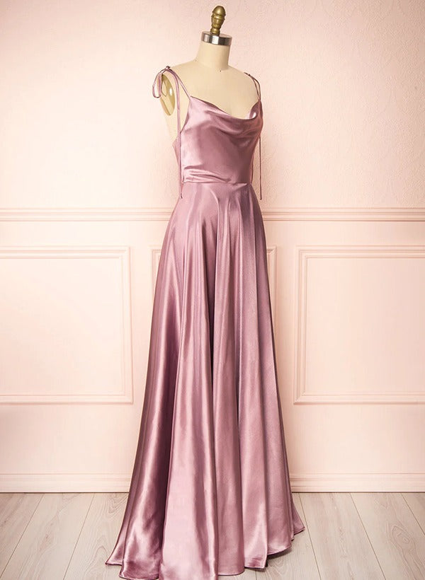 Satin Bridesmaid Dresses With High Split A-Line Cowl Neck Sexy Spaghetti Straps
