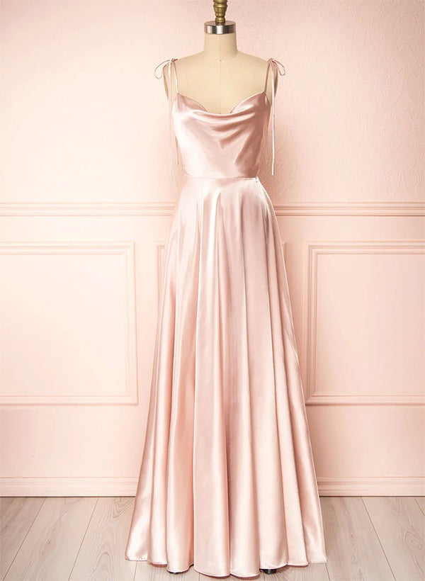 Satin Bridesmaid Dresses With High Split A-Line Cowl Neck Sexy Spaghetti Straps