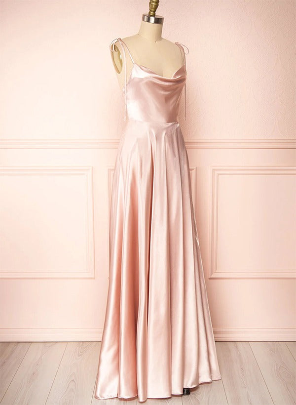 Satin Bridesmaid Dresses With High Split A-Line Cowl Neck Sexy Spaghetti Straps