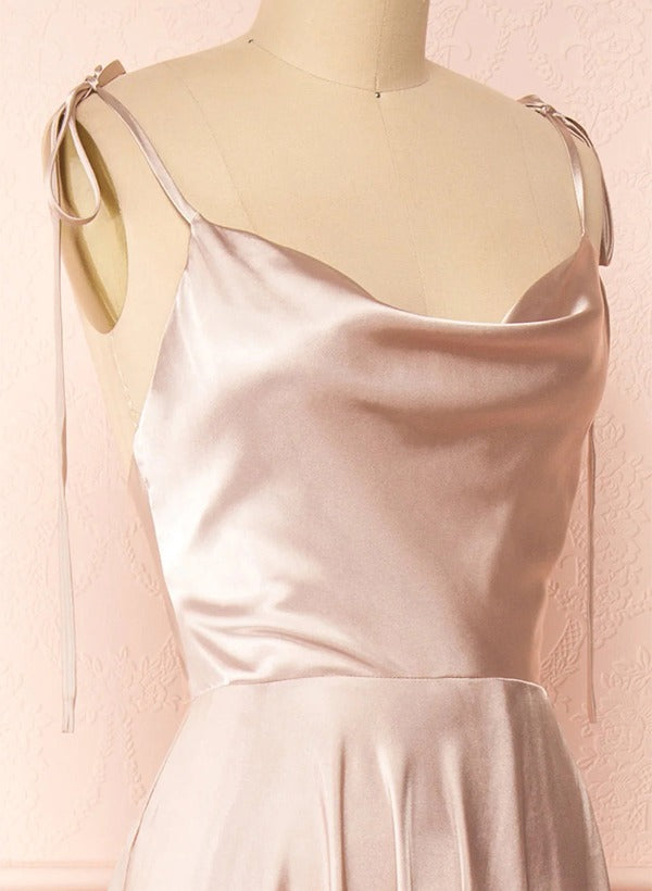 Satin Bridesmaid Dresses With High Split A-Line Cowl Neck Sexy Spaghetti Straps