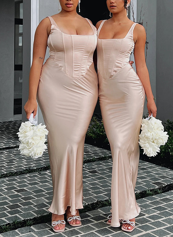 Floor-Length Satin Bridesmaid Dresses with Sheath/Column Design and Square Neckline