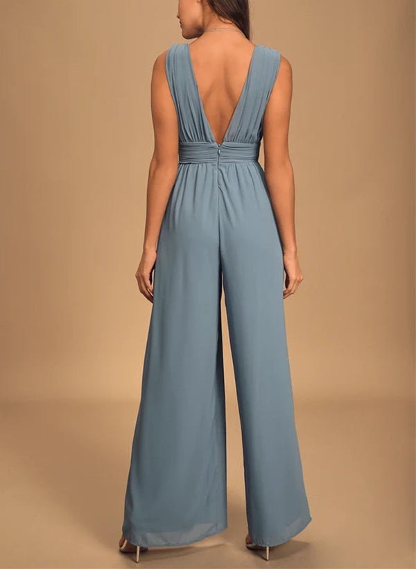 V-Neck Sleeveless Floor-Length Chiffon Bridesmaid Dresses in Jumpsuit/Pantsuit Style