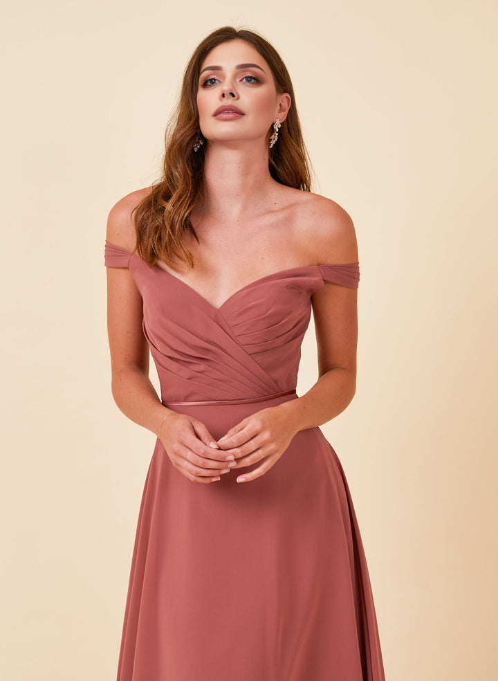 Rose Off-The-Shoulder Bridesmaid Dresses With Chiffon