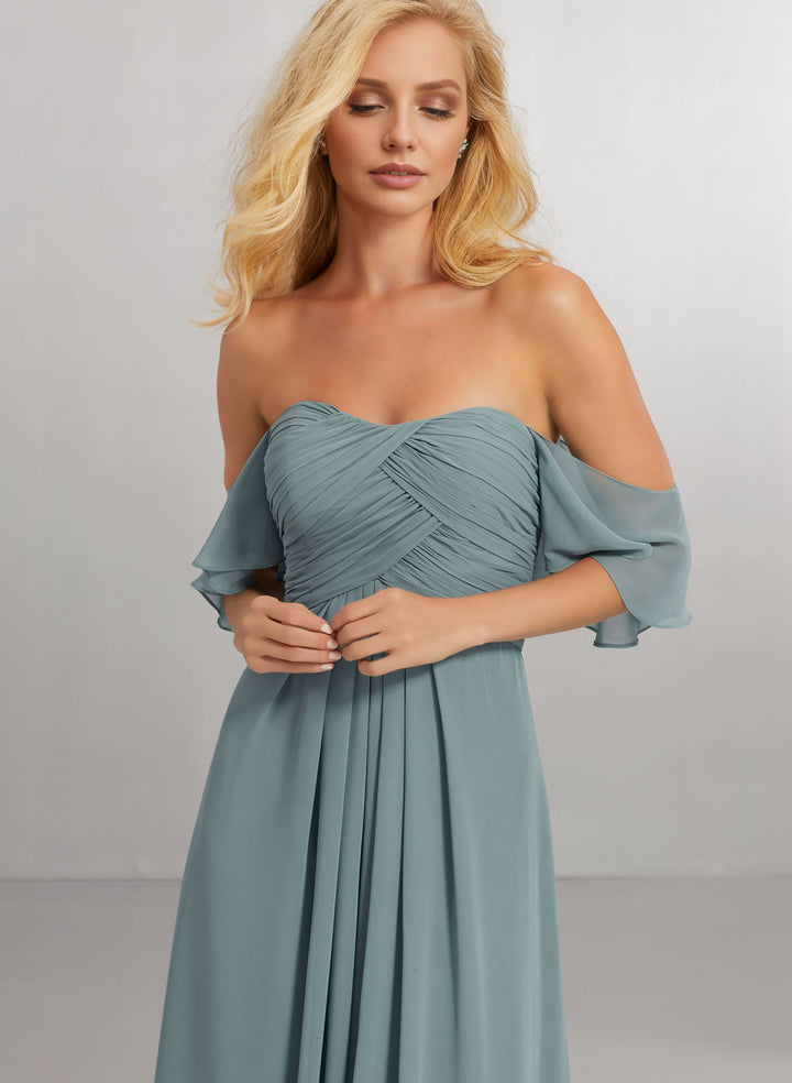 A-Line Off-The-Shoulder Short Sleeve Floor-Length Chiffon Bridesmaid Dress