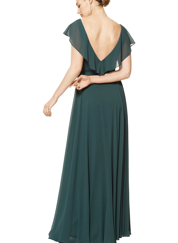 A-Line Long V-Neck Bridesmaid Dresses With Open Back in Green