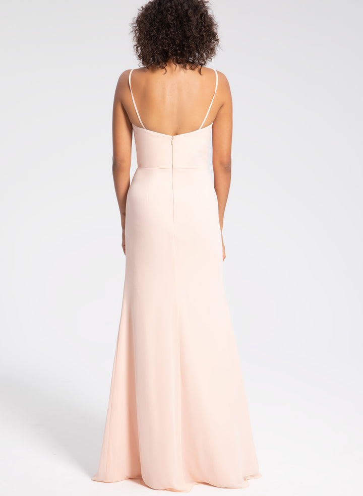 Pink Bridesmaid Dresses With Ruffle Cowl Neck Slit Trumpet/Mermaid