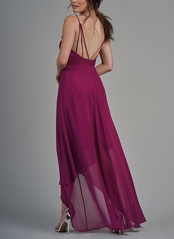 A-Line V-Neck Asymmetrical Chiffon Bridesmaid Dresses With Appliques Lace