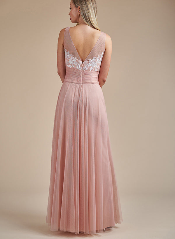 Illusion Neck Tulle Bridesmaid Dresses with Appliques Lace