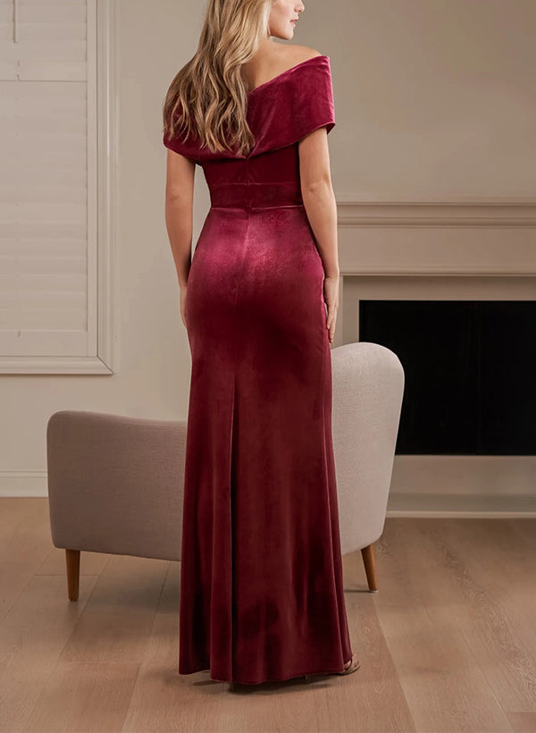 Velvet Trumpet/Mermaid Bridesmaid Dress in Burgundy with Cap Shoulders and Front Split