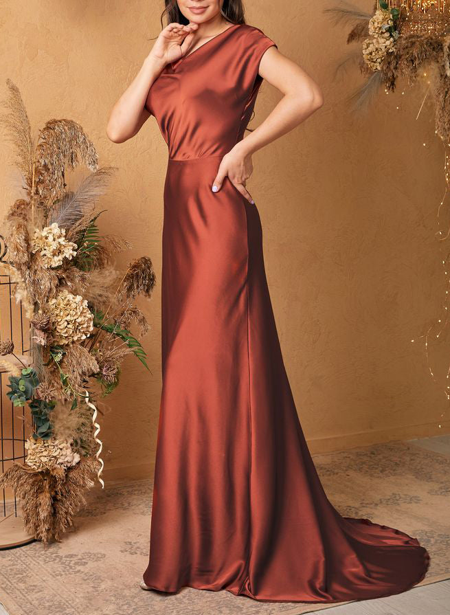 Satin Rust Cowl Neck Sheath/Column Bridesmaid Dresses Short Sleeves