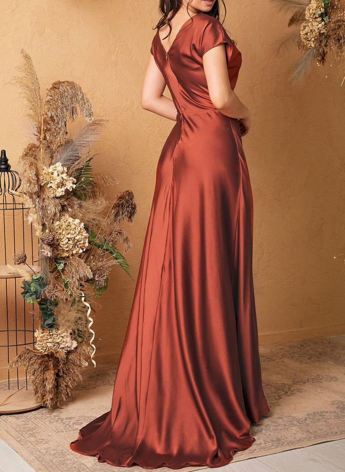 Satin Rust Cowl Neck Sheath/Column Bridesmaid Dresses Short Sleeves