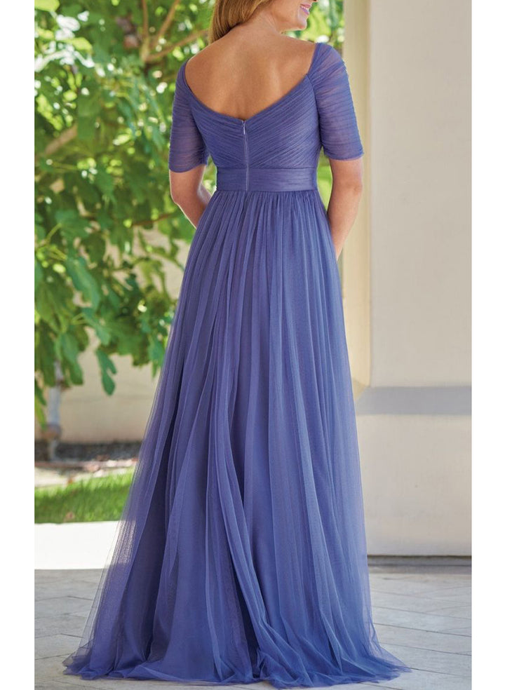 Purple A-Line V-Neck Tulle Bridesmaid Dresses With Ruffles