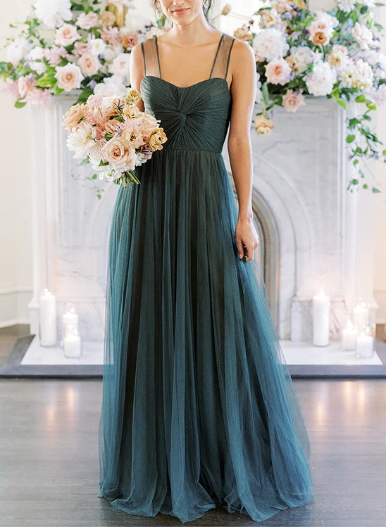 Blue A-Line Tulle Long Bridesmaid Dresses Sweetheart