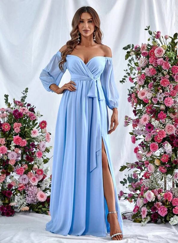 Off-The-Shoulder Long Sleeves Floor-Length Chiffon Bridesmaid Dresses With Split Front