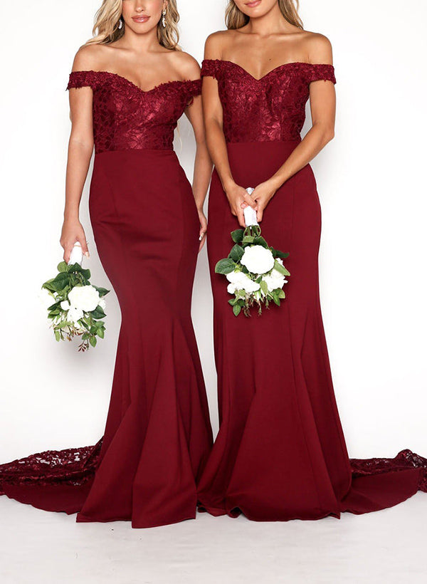 Off-The-Shoulder Lace/Elastic Satin Trumpet/Mermaid Bridesmaid Dresses