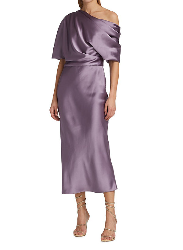 One-Shoulder Sleeveless Tea-Length Satin Bridesmaid Dresses