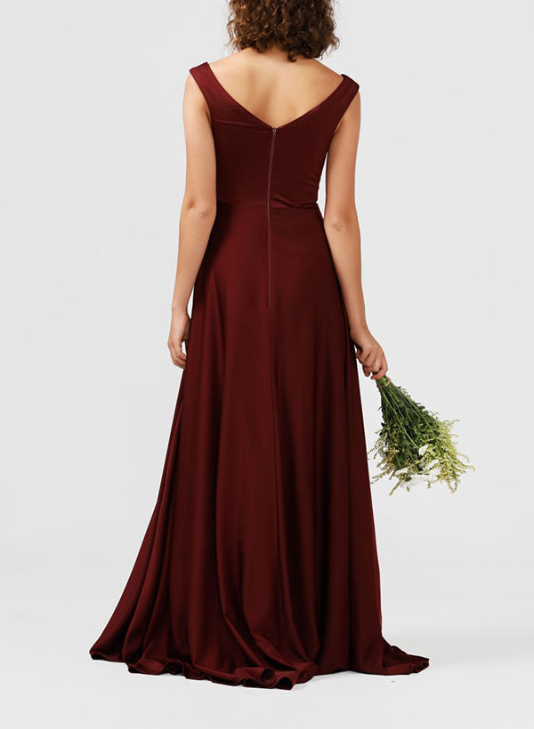 Satin Bridesmaid Dresses with A-Line V-Neck Sleeveless and Sweep Train