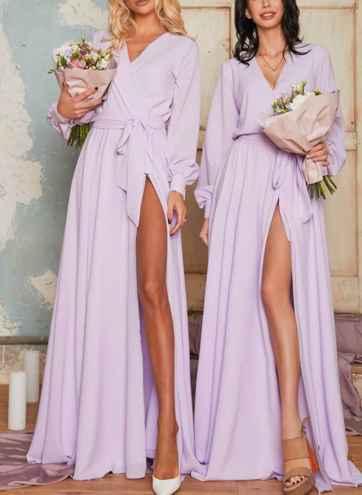 A-Line Chiffon Bridesmaid Dresses with V-Neck and Long Sleeves
