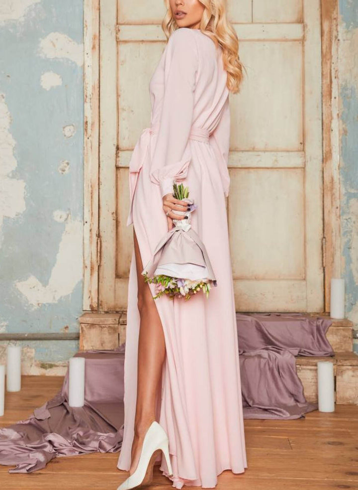 A-Line Chiffon Bridesmaid Dresses with V-Neck and Long Sleeves
