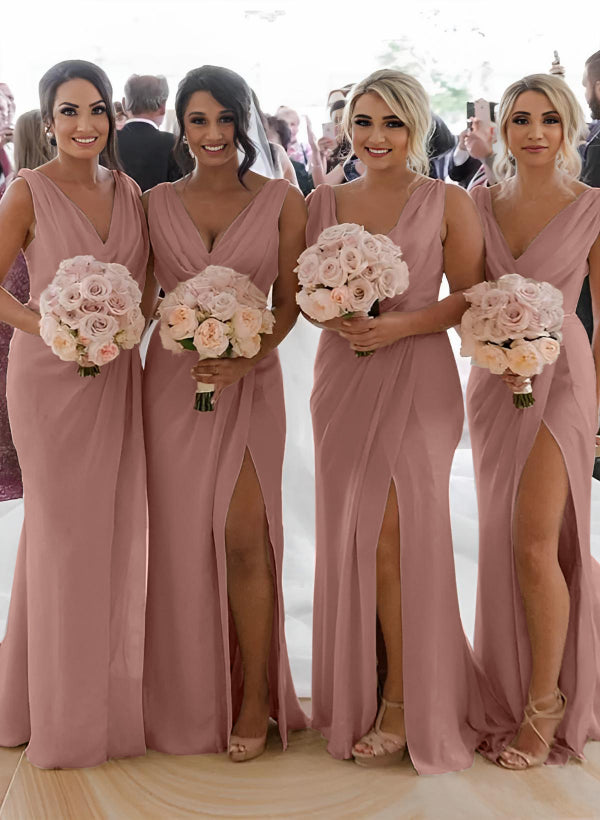 Cowl Neck Sleeveless Chiffon Bridesmaid Dresses With Front Split