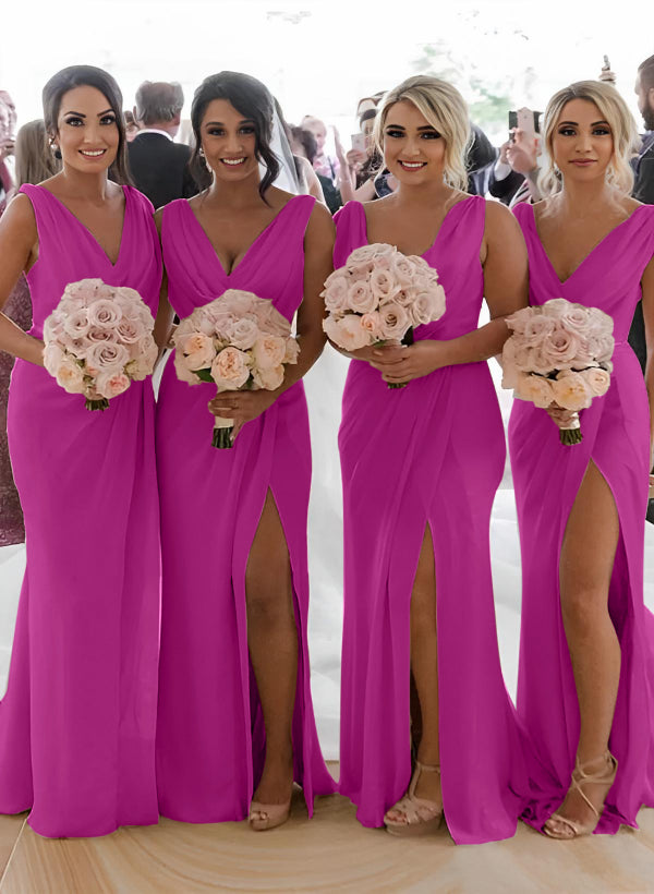 Cowl Neck Sleeveless Chiffon Bridesmaid Dresses With Front Split