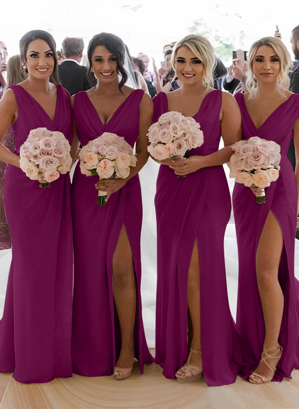 Cowl Neck Sleeveless Chiffon Bridesmaid Dresses With Front Split