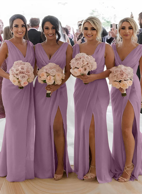 Cowl Neck Sleeveless Chiffon Bridesmaid Dresses With Front Split