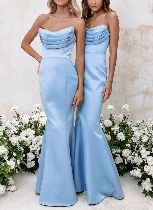 Strapless Sleeveless Floor-Length Satin Bridesmaid Dresses - Trumpet/Mermaid