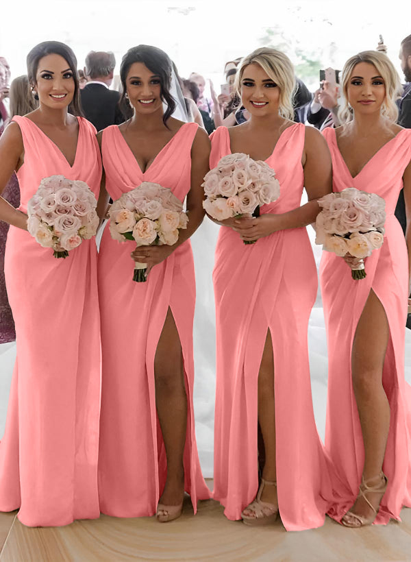 Cowl Neck Sleeveless Chiffon Bridesmaid Dresses With Front Split