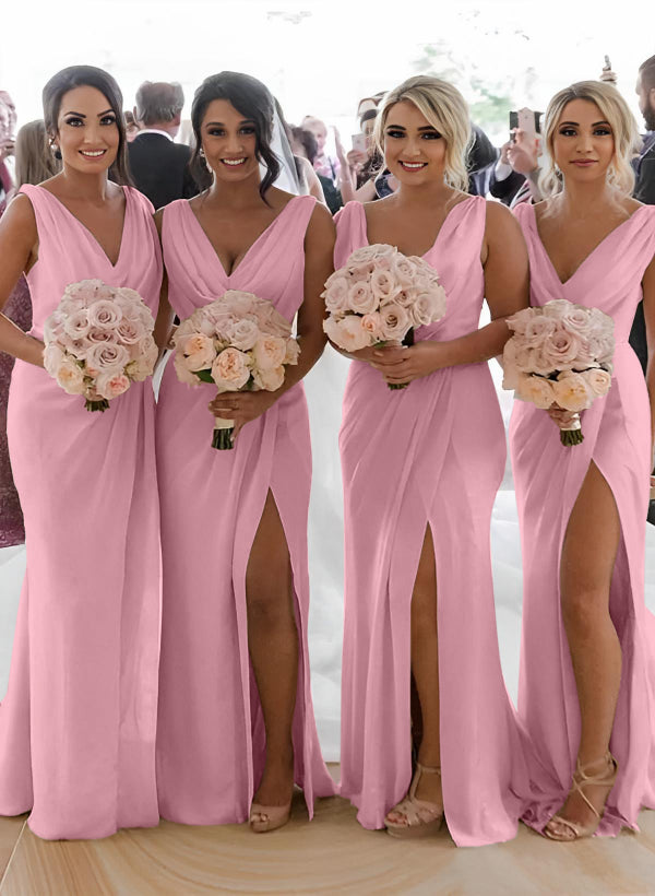 Cowl Neck Sleeveless Chiffon Bridesmaid Dresses With Front Split