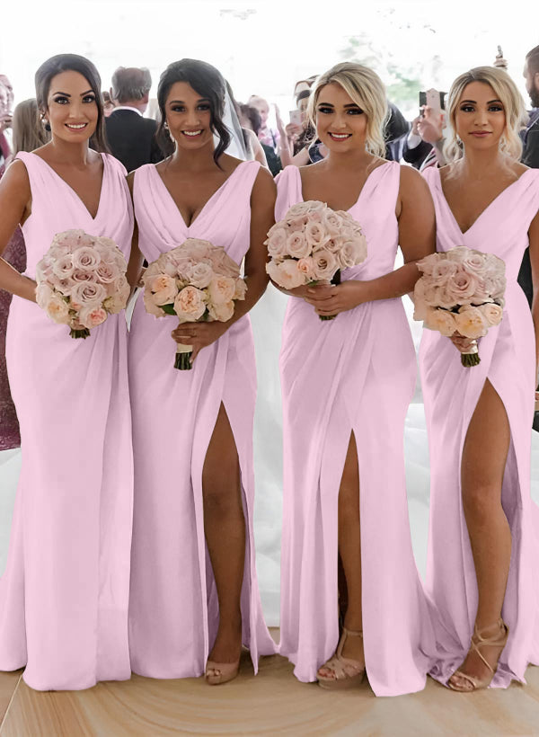Cowl Neck Sleeveless Chiffon Bridesmaid Dresses With Front Split