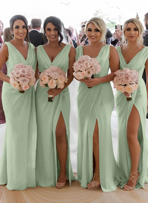 Cowl Neck Sleeveless Chiffon Bridesmaid Dresses With Front Split