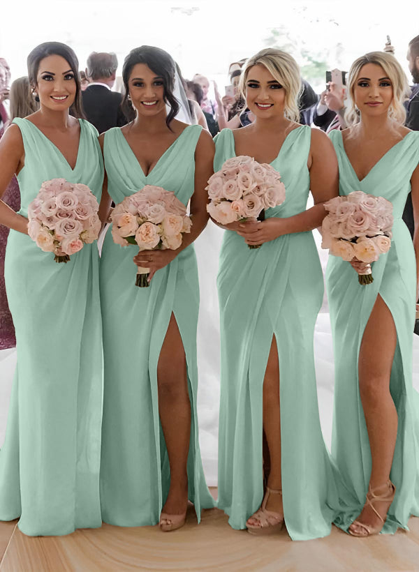 Cowl Neck Sleeveless Chiffon Bridesmaid Dresses With Front Split