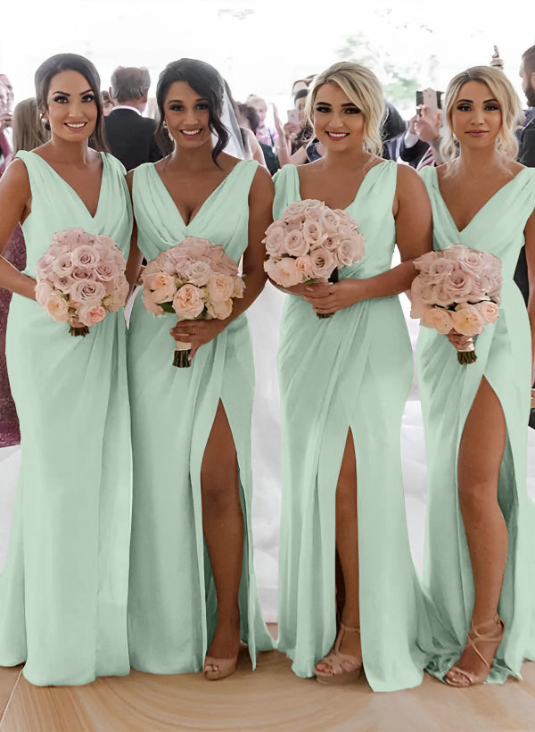 Cowl Neck Sleeveless Chiffon Bridesmaid Dresses With Front Split