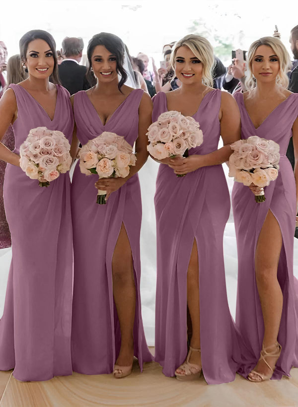 Cowl Neck Sleeveless Chiffon Bridesmaid Dresses With Front Split