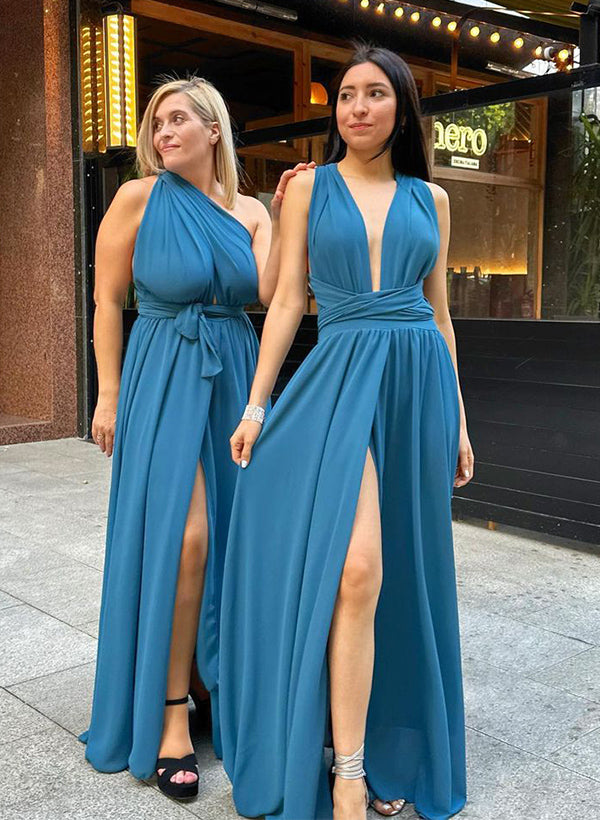 A-Line V-Neck/One-Shoulder Chiffon Bridesmaid Dresses With Front Split