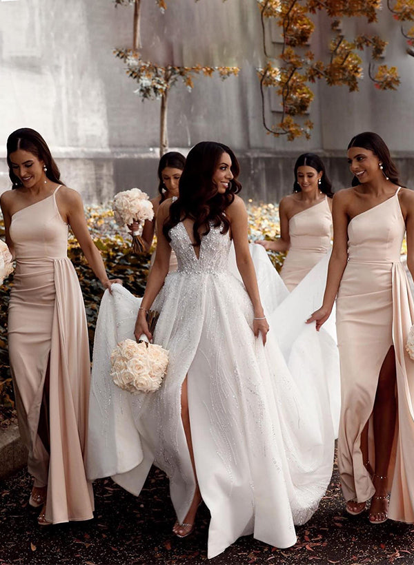 One-Shoulder Sleeveless Jersey Bridesmaid Dresses With Front Split