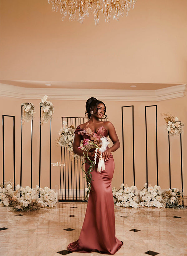 Off-The-Shoulder Sleeveless Sweep Train Satin Bridesmaid Dresses - Trumpet/Mermaid