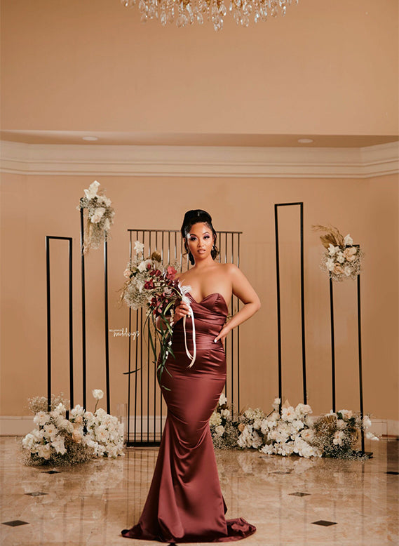 Off-The-Shoulder Sleeveless Sweep Train Satin Bridesmaid Dresses - Trumpet/Mermaid