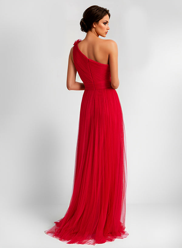 One-Shoulder Sleeveless Tulle Bridesmaid Dress With Flower(s)
