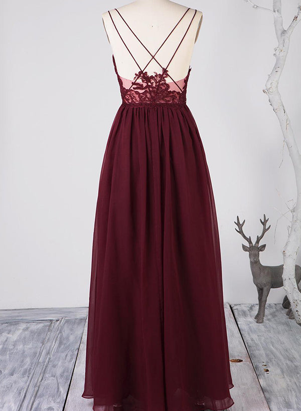 A-Line V-Neck Sleeveless Chiffon Bridesmaid Dresses Featuring Appliques Lace