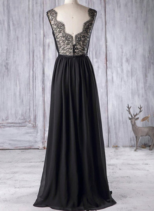 V-Neck Sleeveless Floor-Length Chiffon Bridesmaid Dresses With Lace