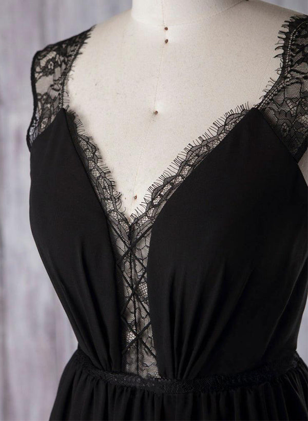 V-Neck Sleeveless Floor-Length Chiffon Bridesmaid Dresses With Lace