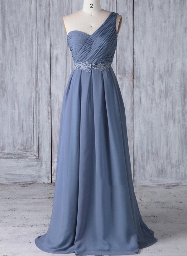 A-Line One Shoulder Sleeveless Chiffon Bridesmaid Dresses Lace
