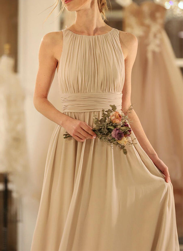A-Line Scoop Neck Sleeveless Chiffon Bridesmaid Dresses With Back Hole