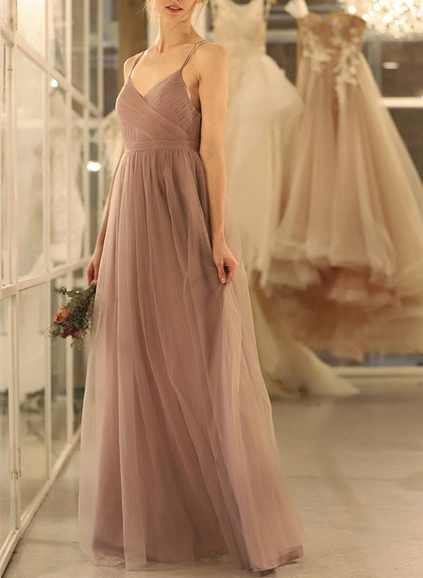 A-Line V-Neck Sleeveless Floor-Length Tulle Bridesmaid Dresses