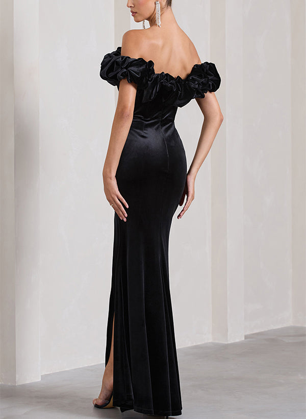 Sheath Column Off The Shoulder Velvet Bridesmaid Dresses With Split Front